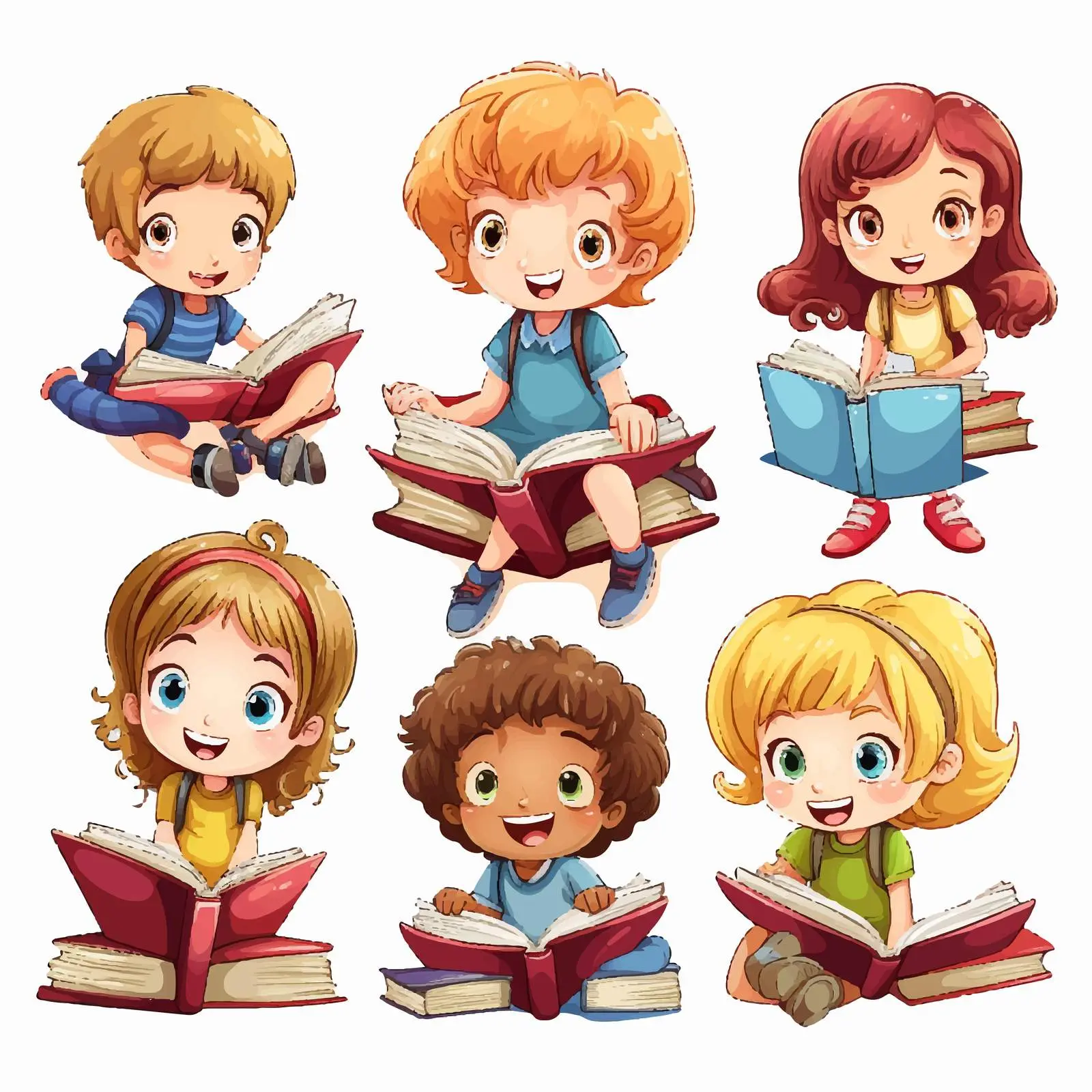 Kids Reading Books on White Background Illustration — free download from Dotvec