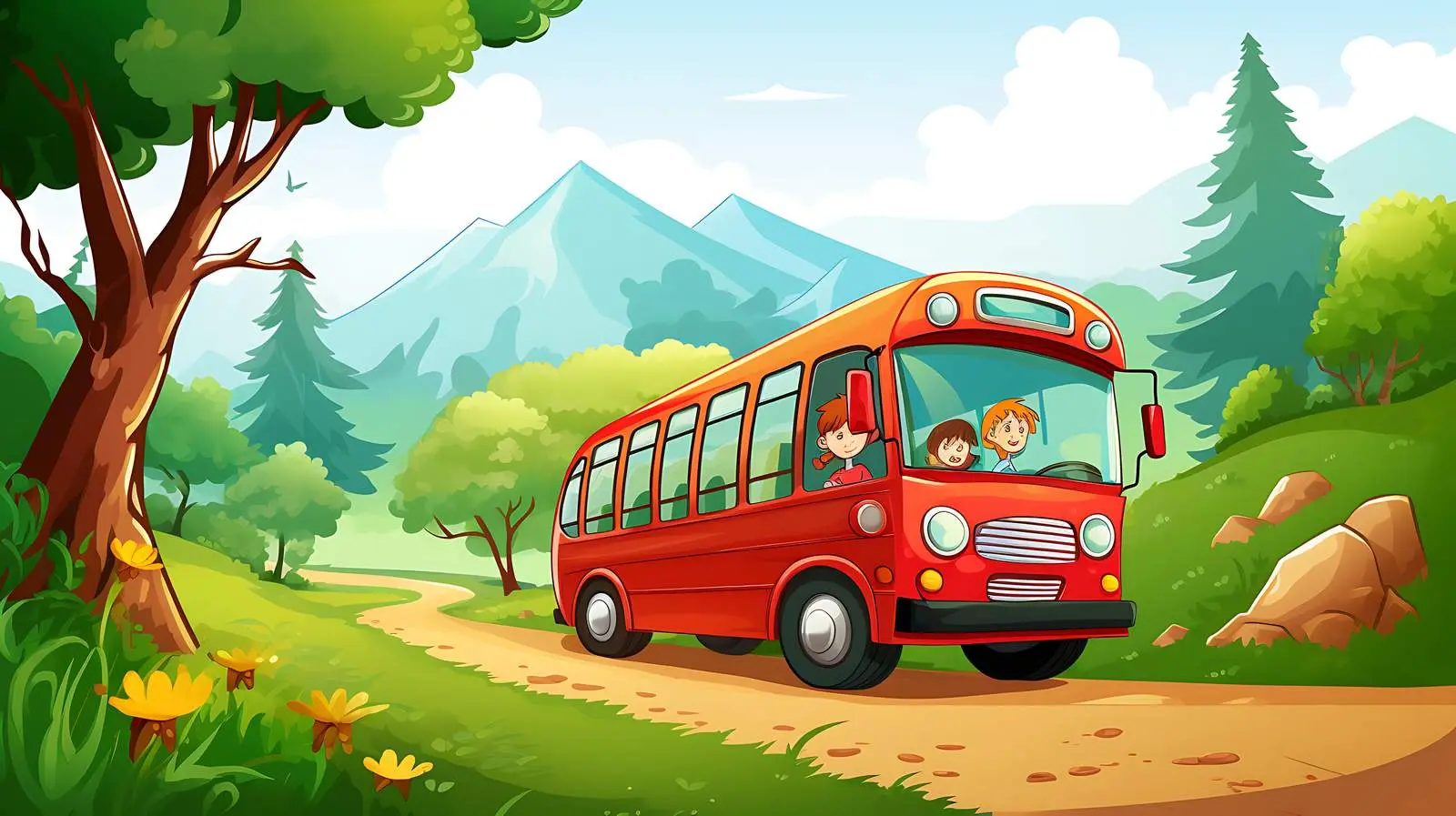 Kids on Bus in Beautiful Nature — free download from Dotvec