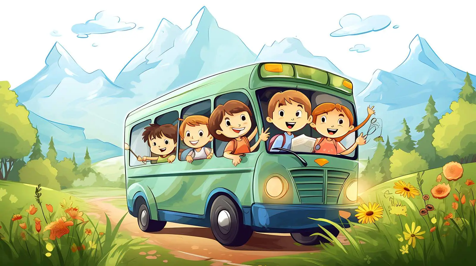 Kids in Bus Nature Illustration — free download from Dotvec
