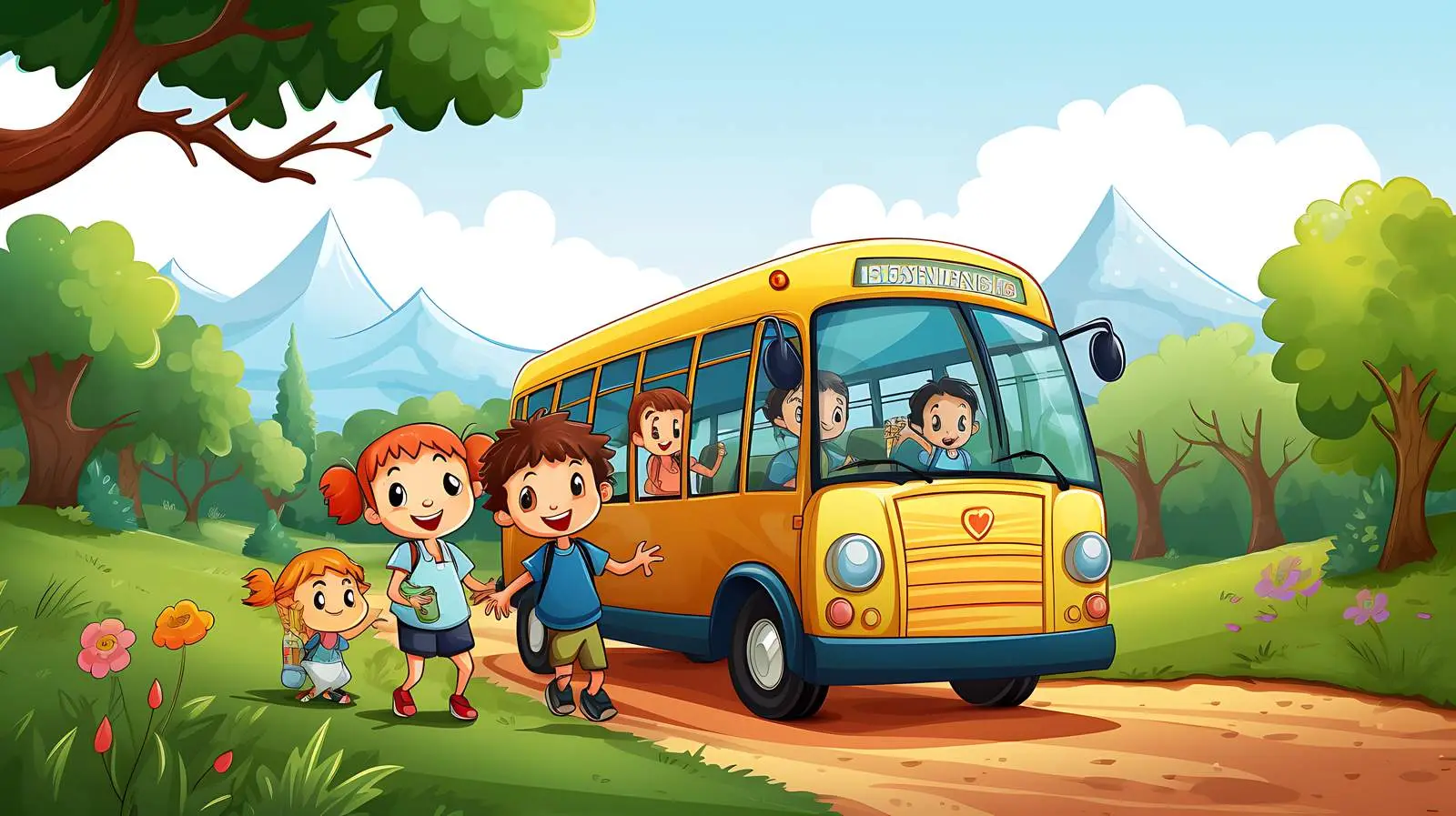 Children Bus Nature Scene Illustration — free download from Dotvec