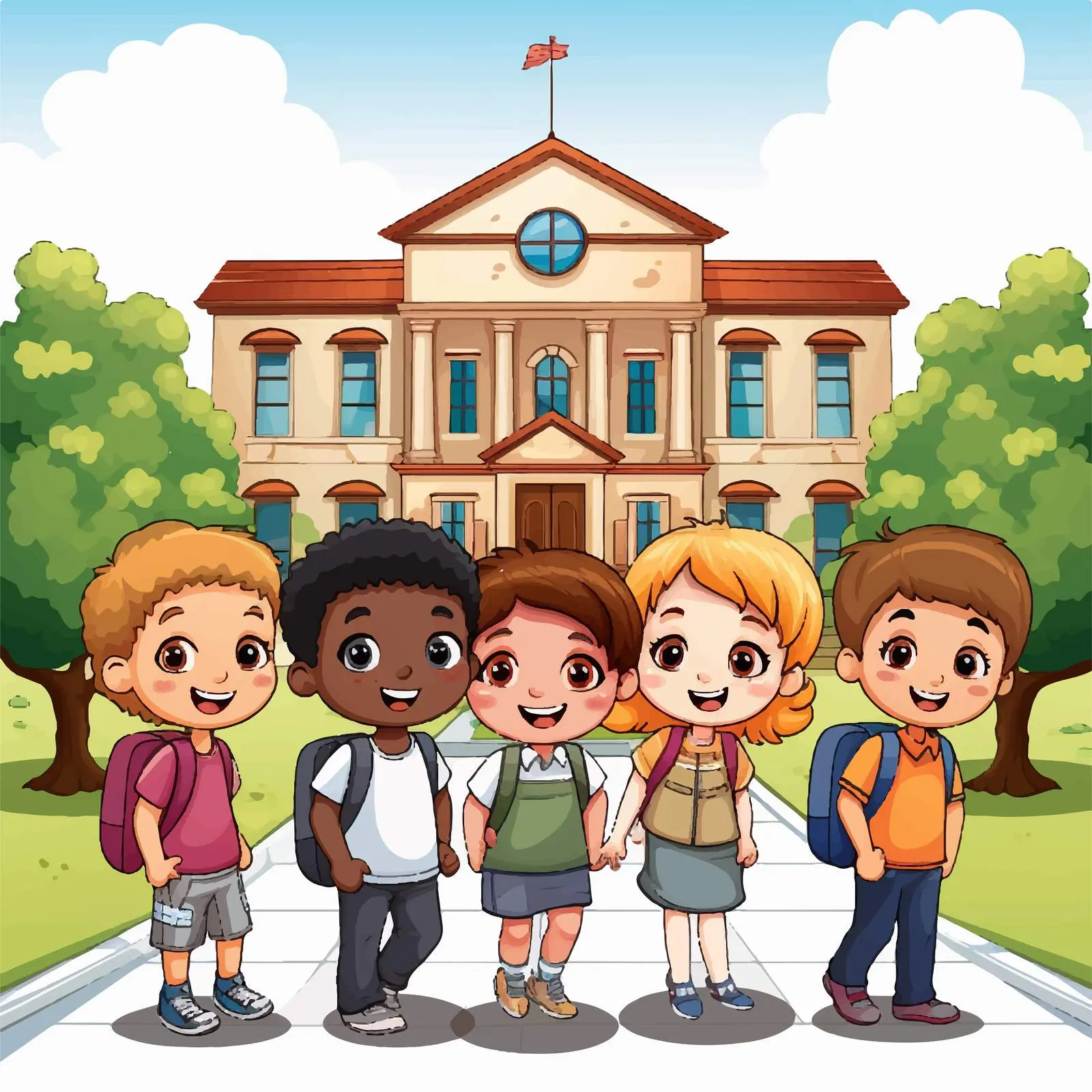 Kids in Front of School Building Illustration — free download from Dotvec
