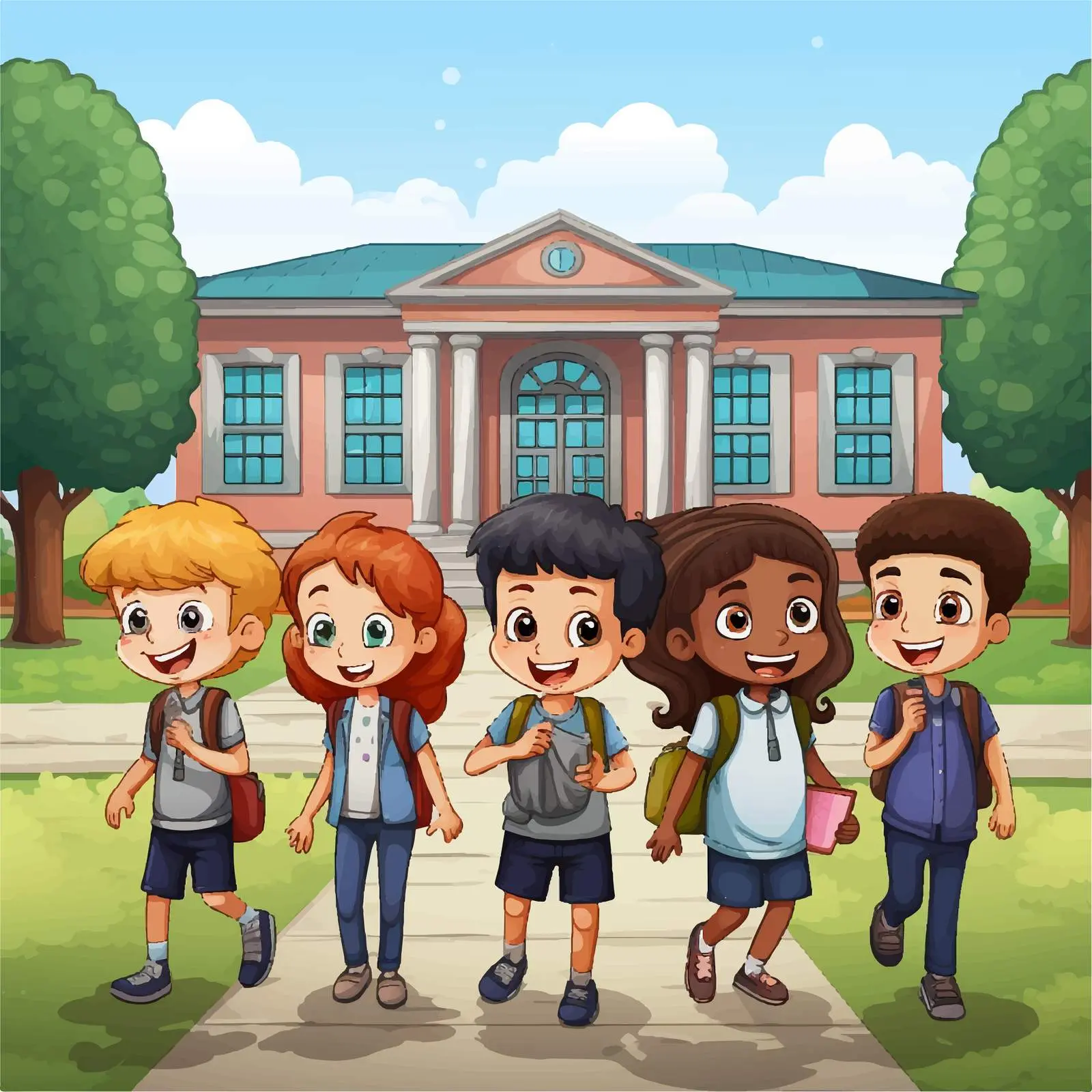 Kids in Front of School Building Illustration — free download from Dotvec
