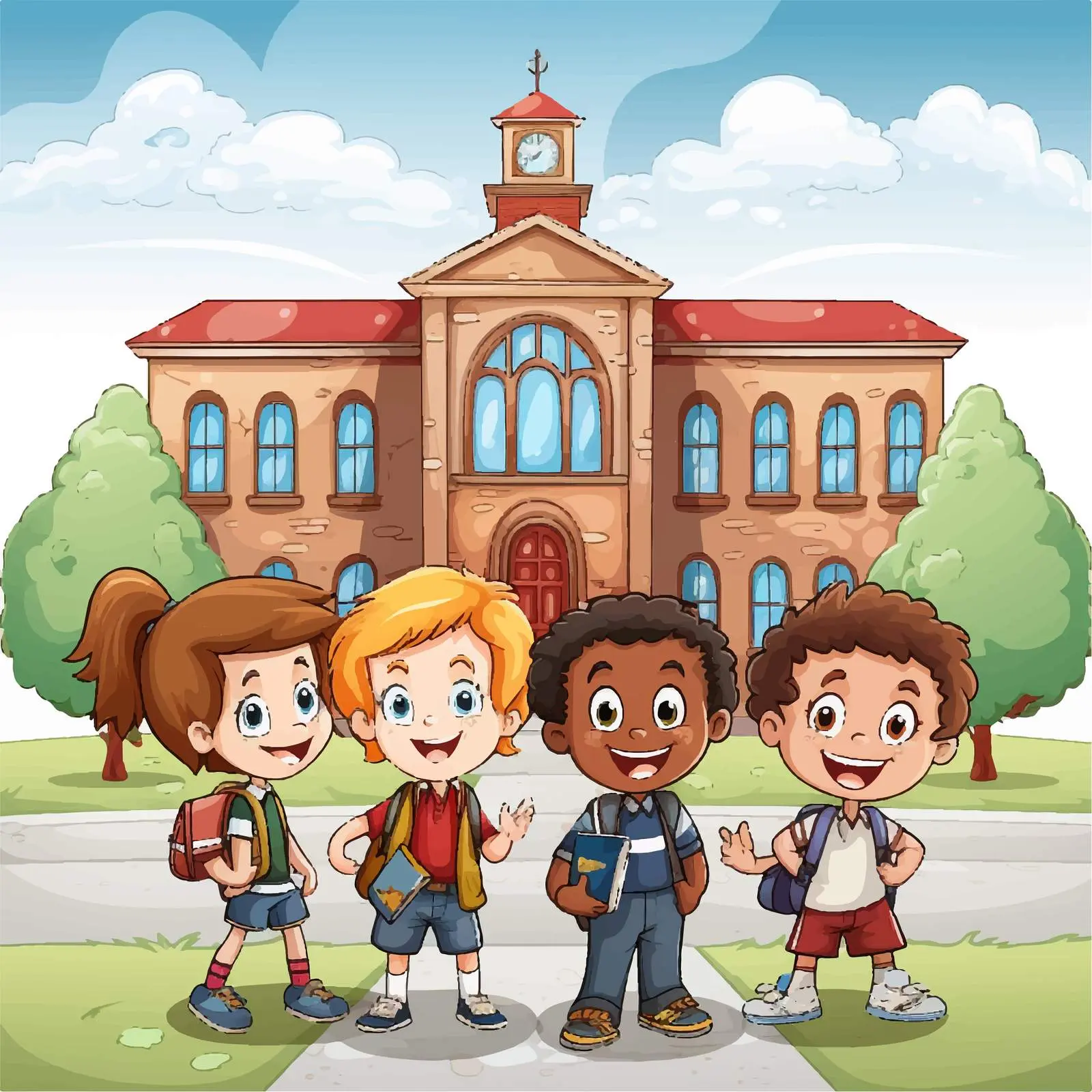 Kids in Front of School Building Illustration — free download from Dotvec
