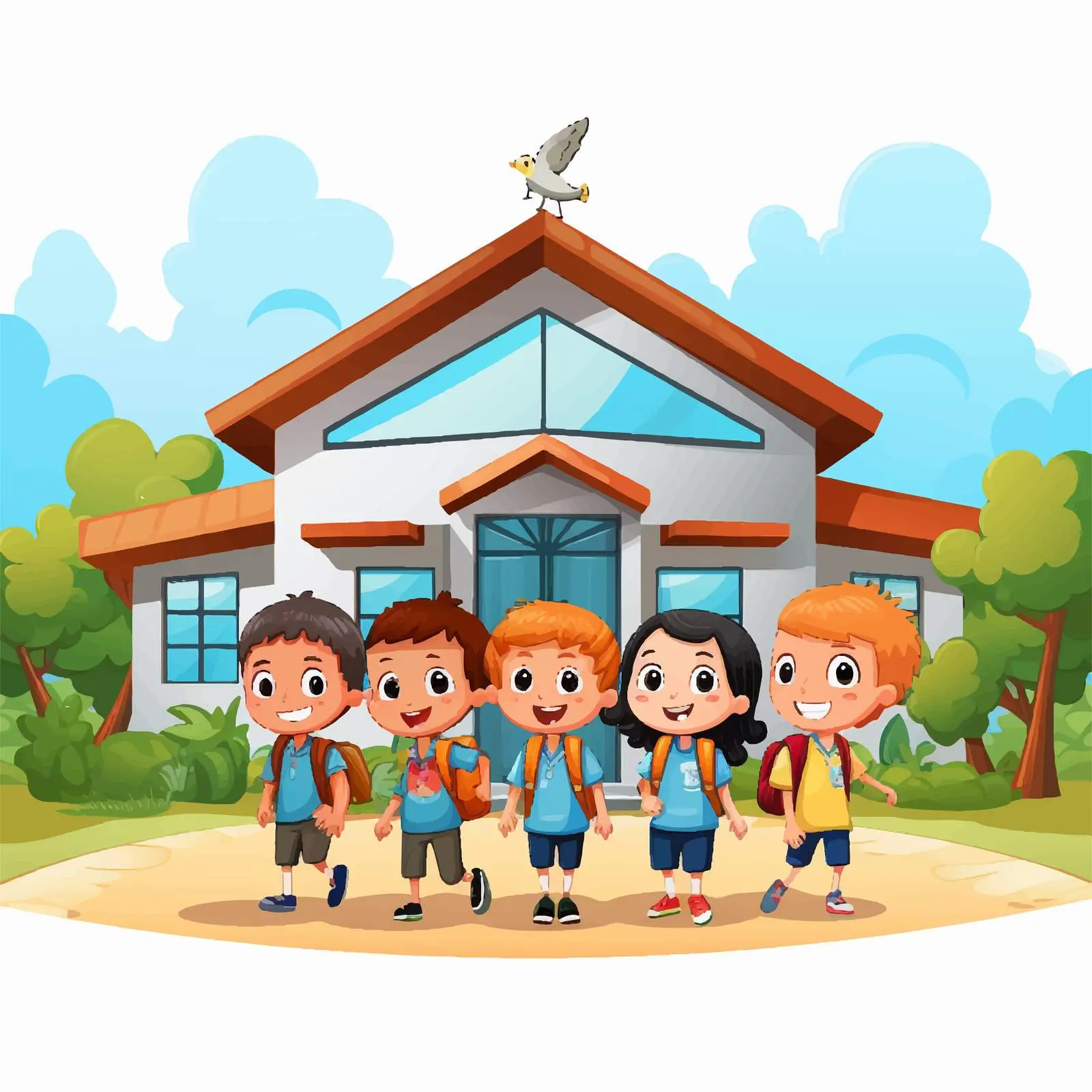 Kids in Front of School Building Vector Illustration — free download from Dotvec