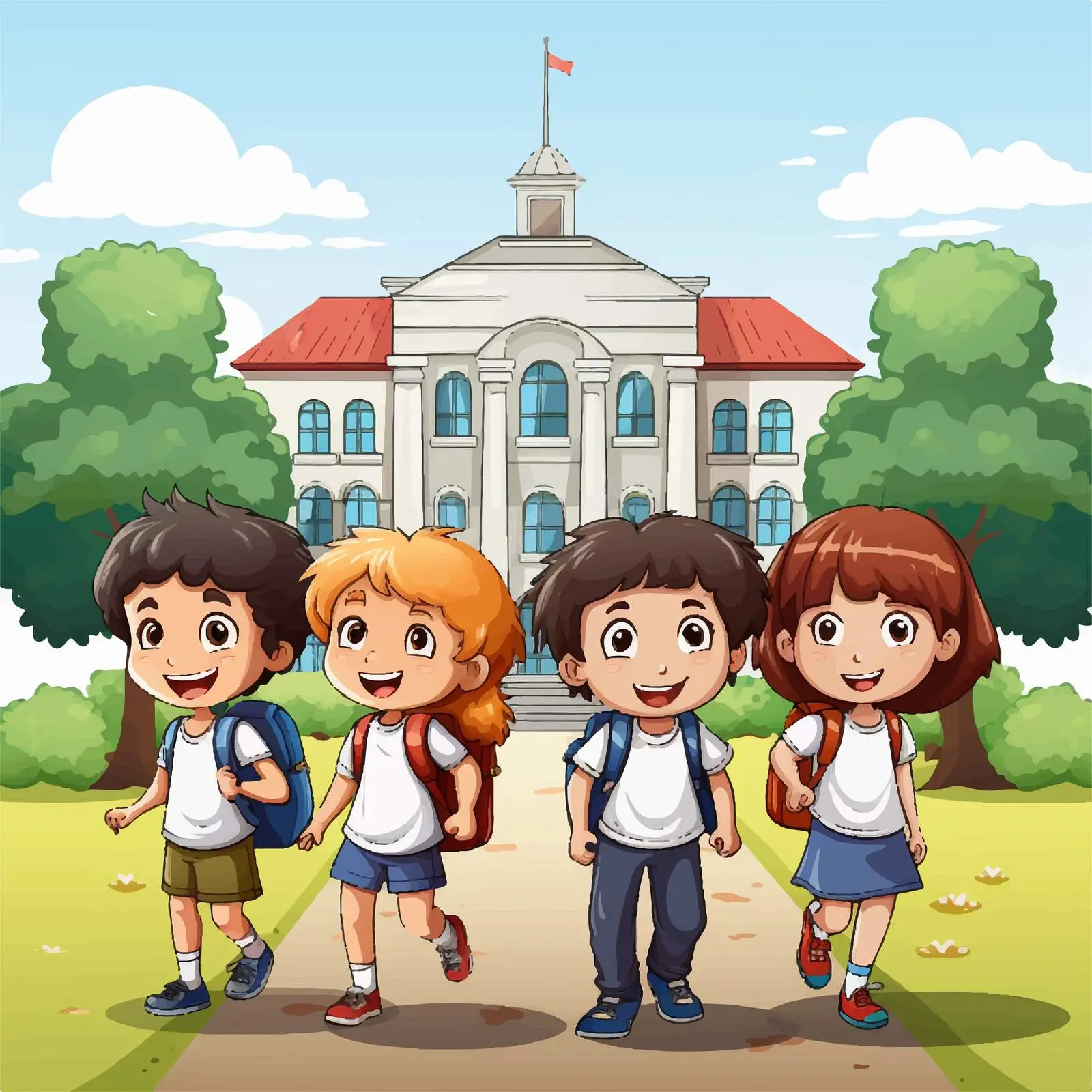 Kids Playing in Front of School Cartoon Vector – free school spirit image from Dotvec