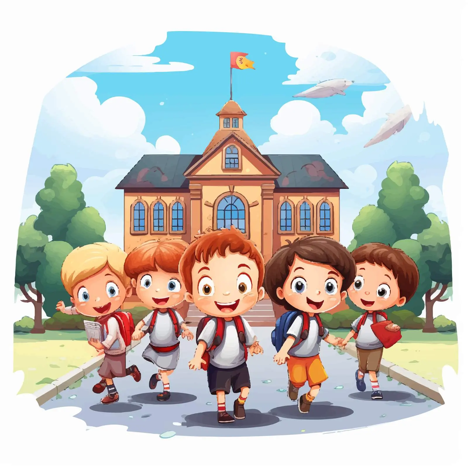 Kids Cartoon Illustration in Front of School — free download from Dotvec