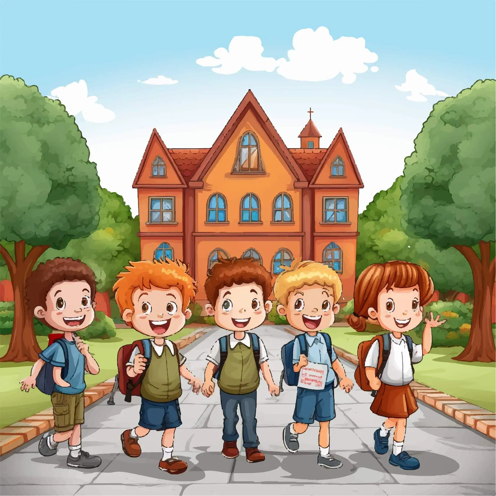 Kids in Front of School Vector Illustration — free download from Dotvec