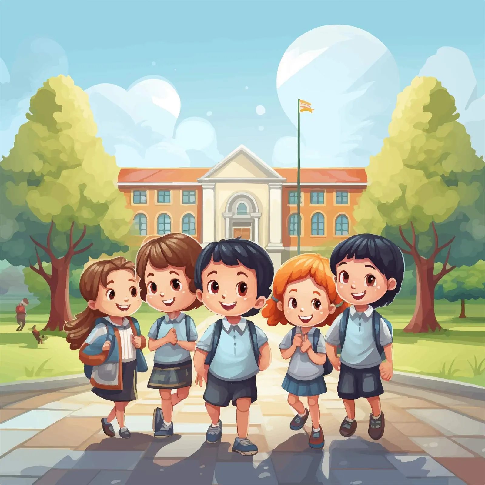 Children Outside School Building Illustration Vector — free download from Dotvec
