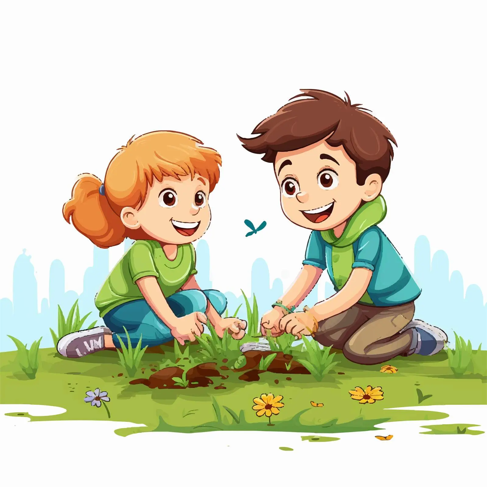 Kids Playing on Green Lawn Vector Illustration — free download from Dotvec