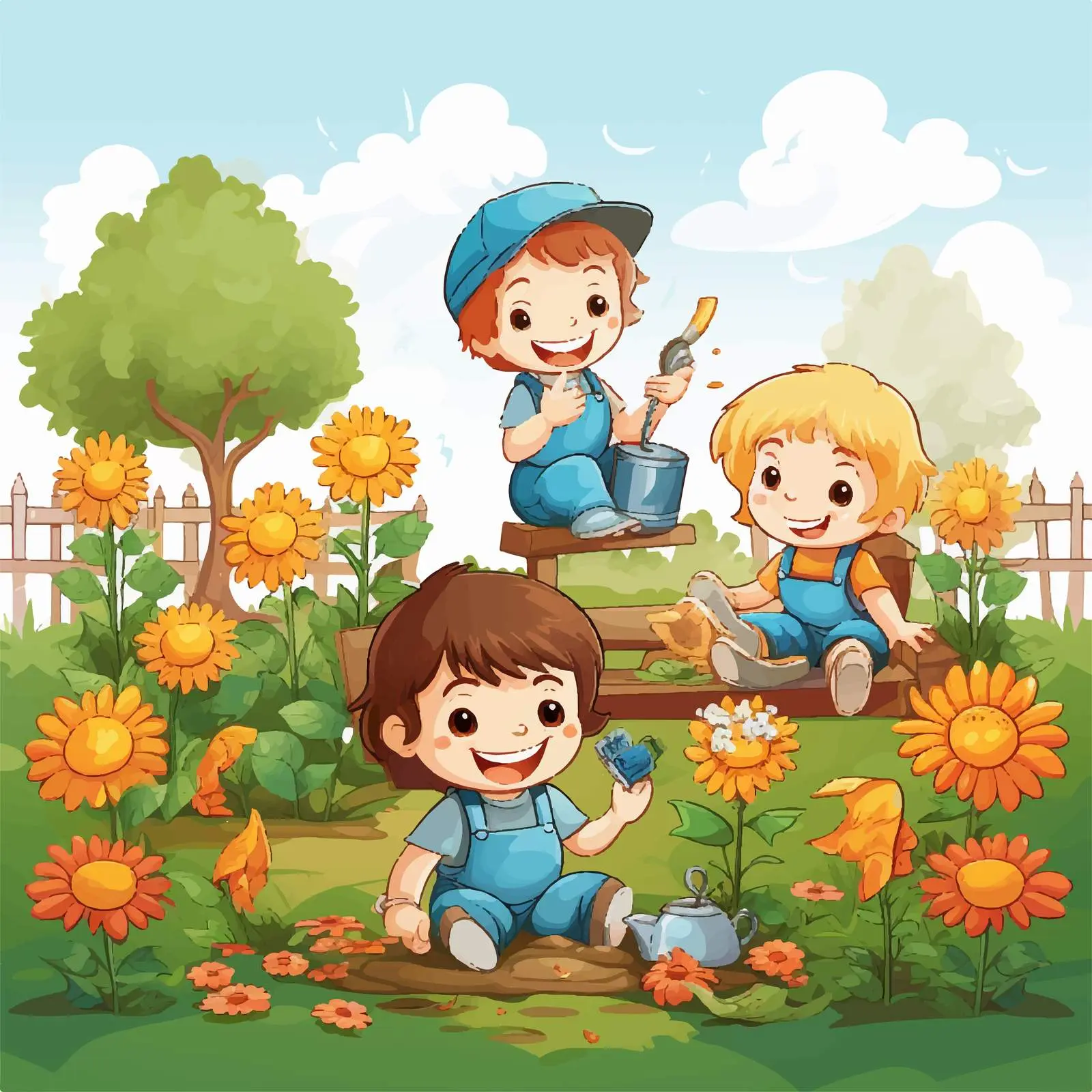 Kids Playing in the Garden Vector Illustration — free download from Dotvec