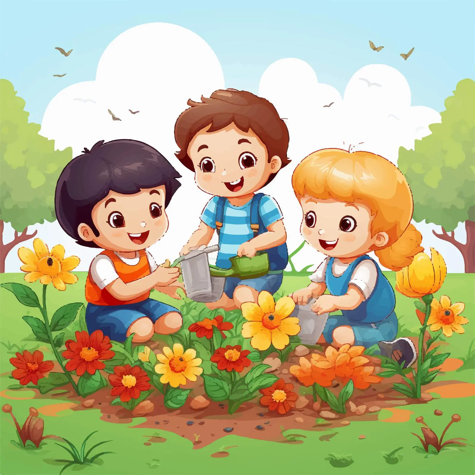 Kids Playing in the Garden Vector Illustration — free download from Dotvec