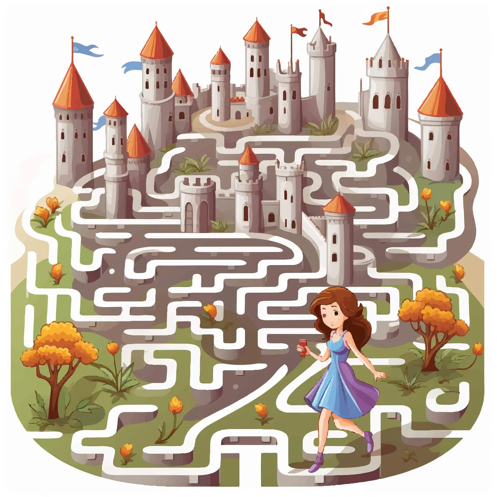 Maze Game Illustration with Princess and Castle — free download from Dotvec