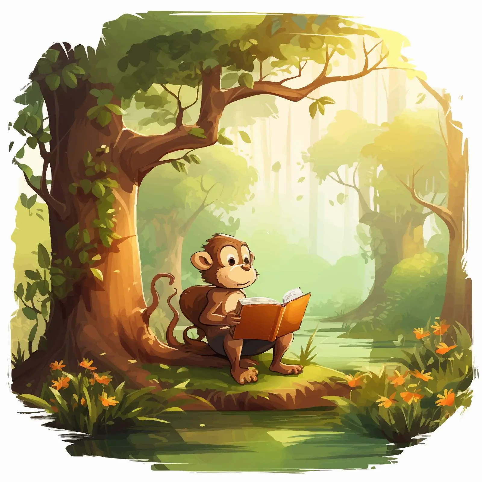 Monkey Reading Book in Forest Illustration — free download from Dotvec