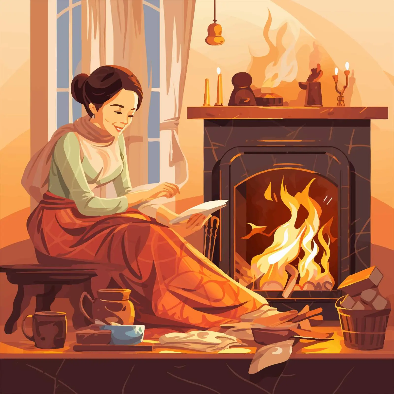 Mother Sewing by the Fireplace Illustration — free download from Dotvec