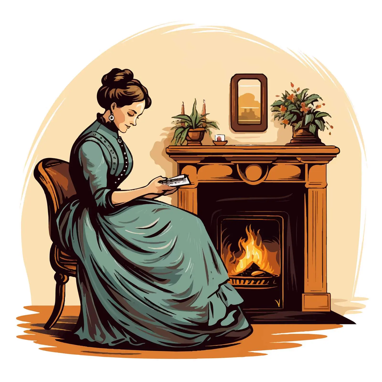 Mother Sewing by the Fireplace Illustration — free download from Dotvec