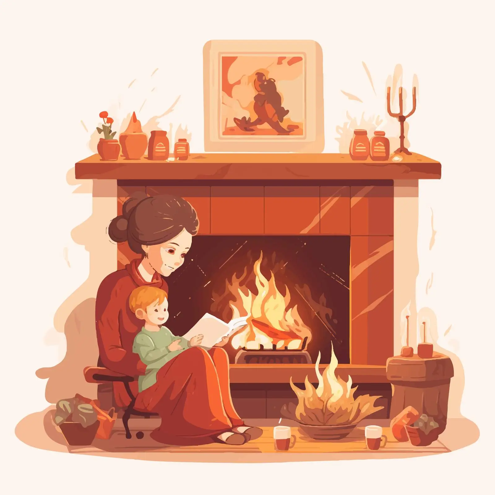 Mother Sewing by the Fireplace Illustration — free download from Dotvec