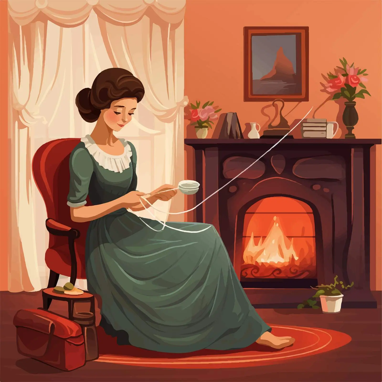 Mother Sewing by the Fireplace Illustration — free download from Dotvec