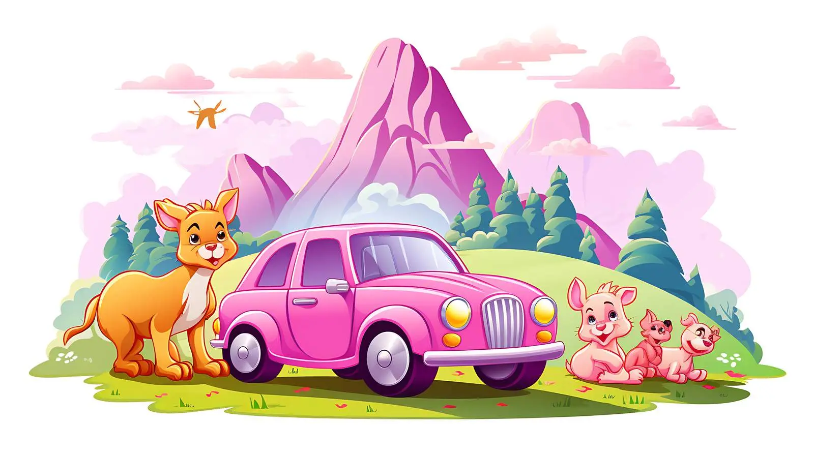 Pink Car with Running Animals Illustration — free download from Dotvec