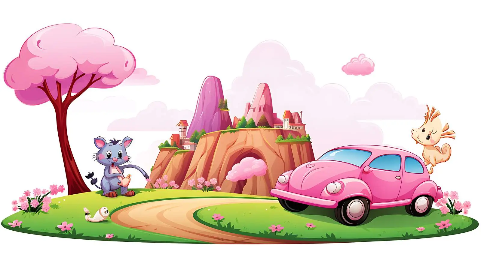 Animals in Pink Car Illustration — free download from Dotvec