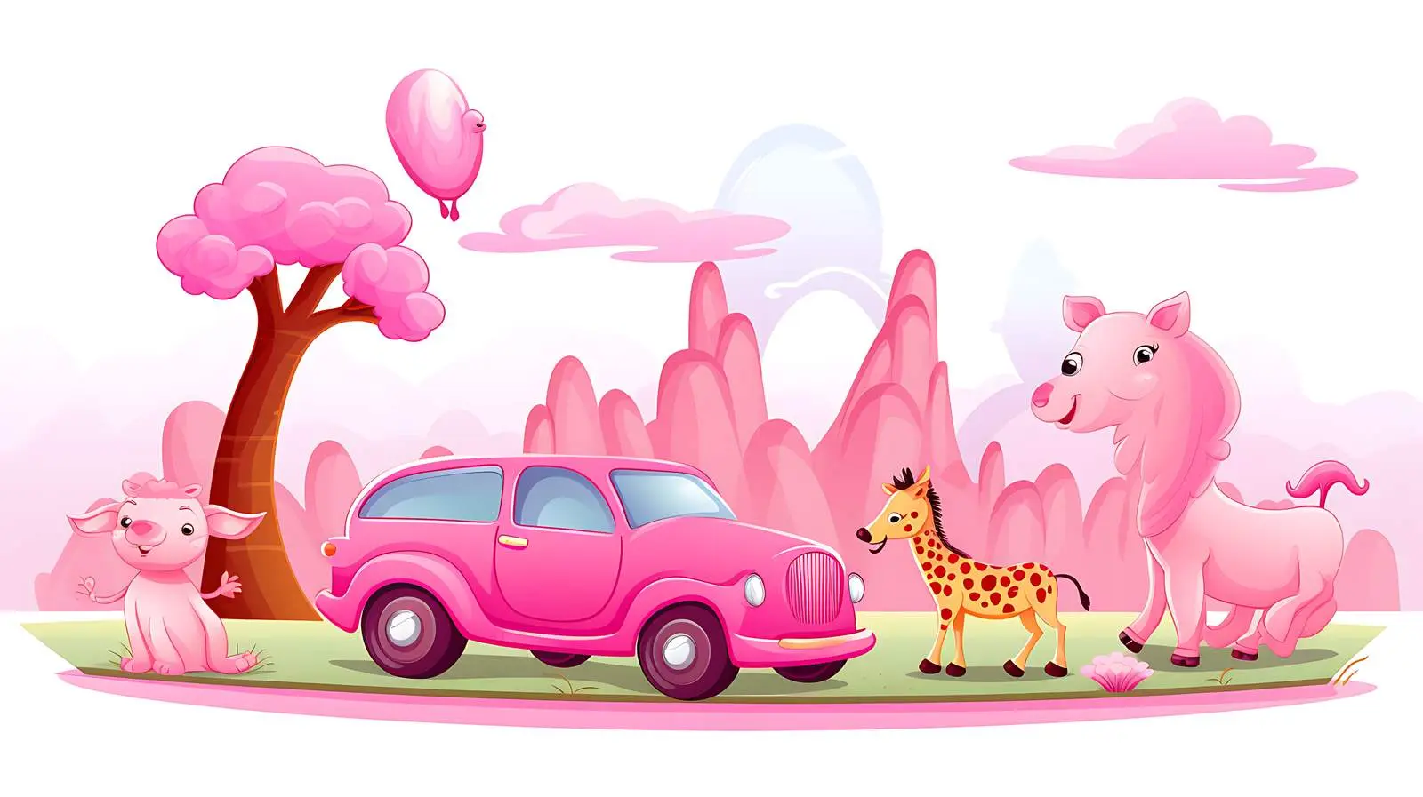 Whimsical Pink Car with Running Animals — free download from Dotvec