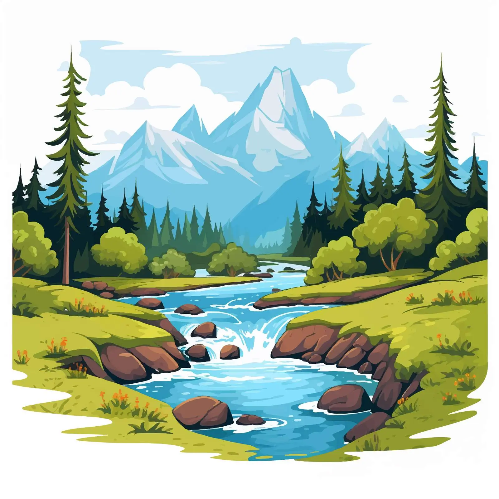 River, Forest, and Mountains Vector Illustration — free download from Dotvec