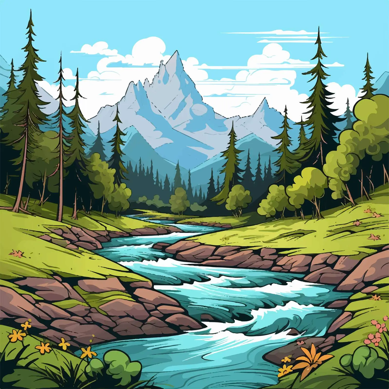 River, Forest, and Mountains Vector Illustration — free download from Dotvec