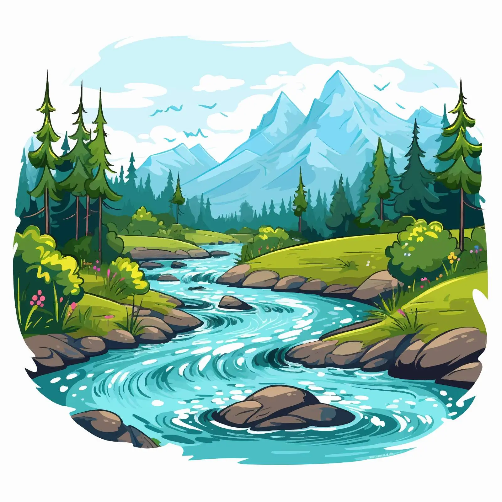River, Forest, and Mountain Landscape Vector Illustration — free download from Dotvec