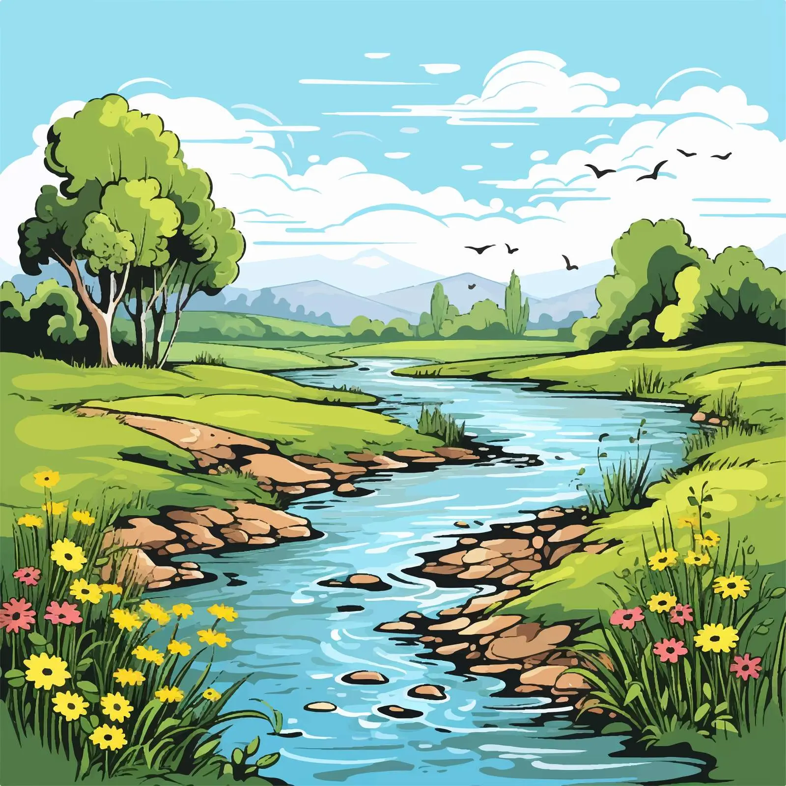 Scenic River Landscape Vector Illustration — free download from Dotvec