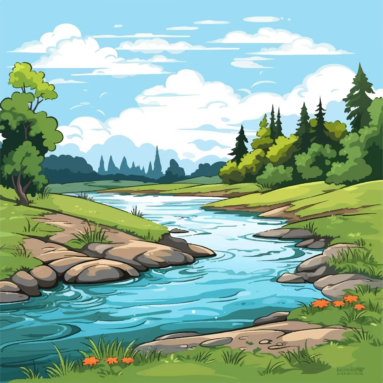 River and Scenic Landscape Vector Illustration — free download from Dotvec
