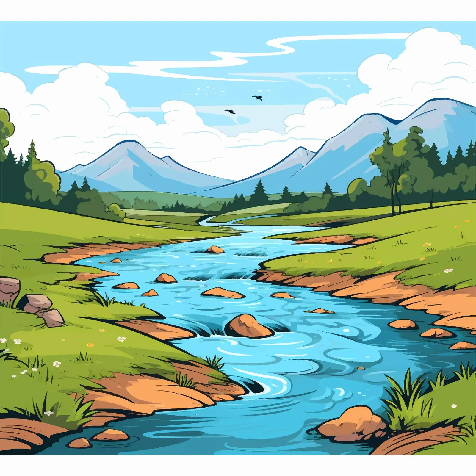 Cartoon Illustration of River and Hills — free download from Dotvec