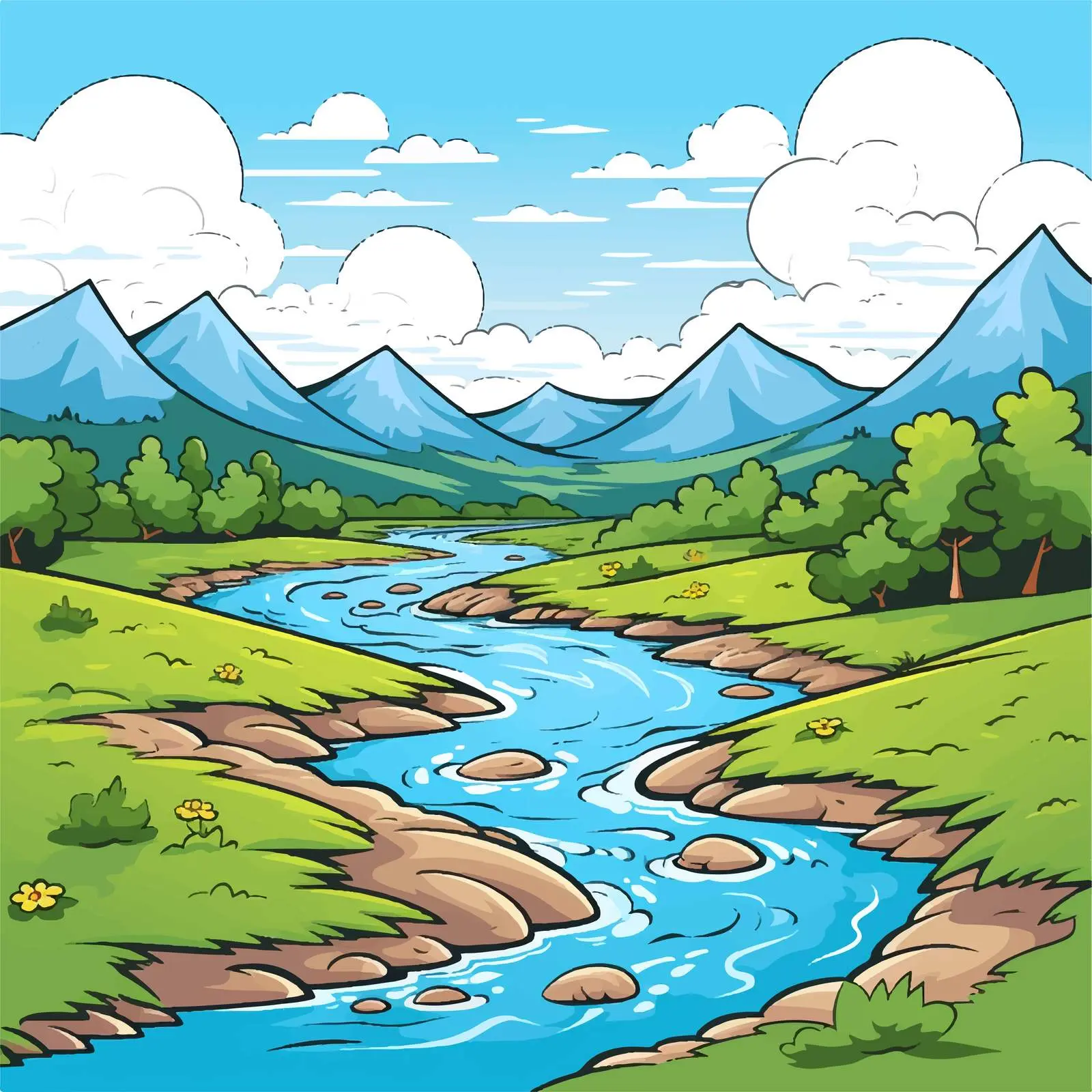 Cartoon Illustration of River and Hills — free download from Dotvec