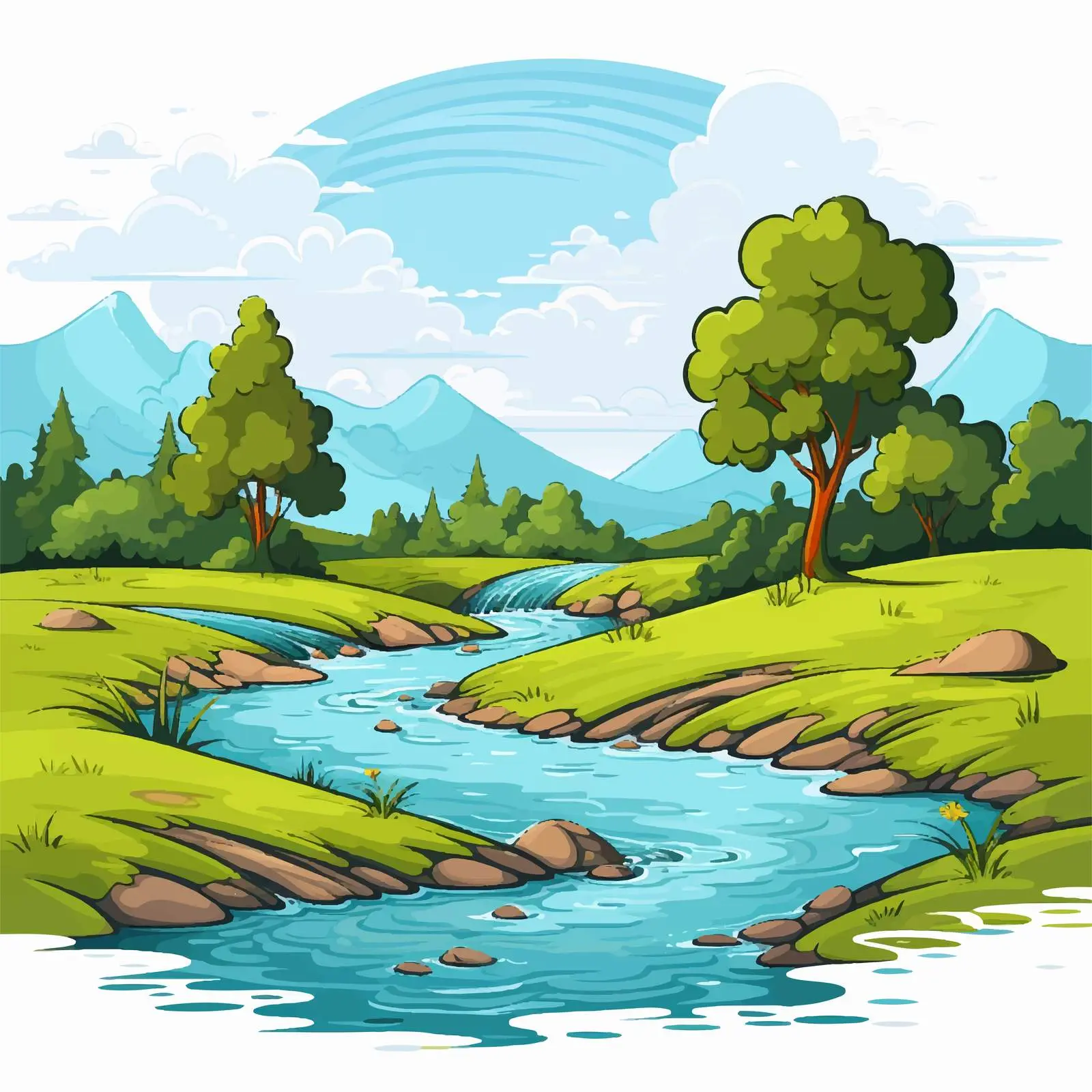 Cartoon Vector of River and Hills Landscape — free download from Dotvec