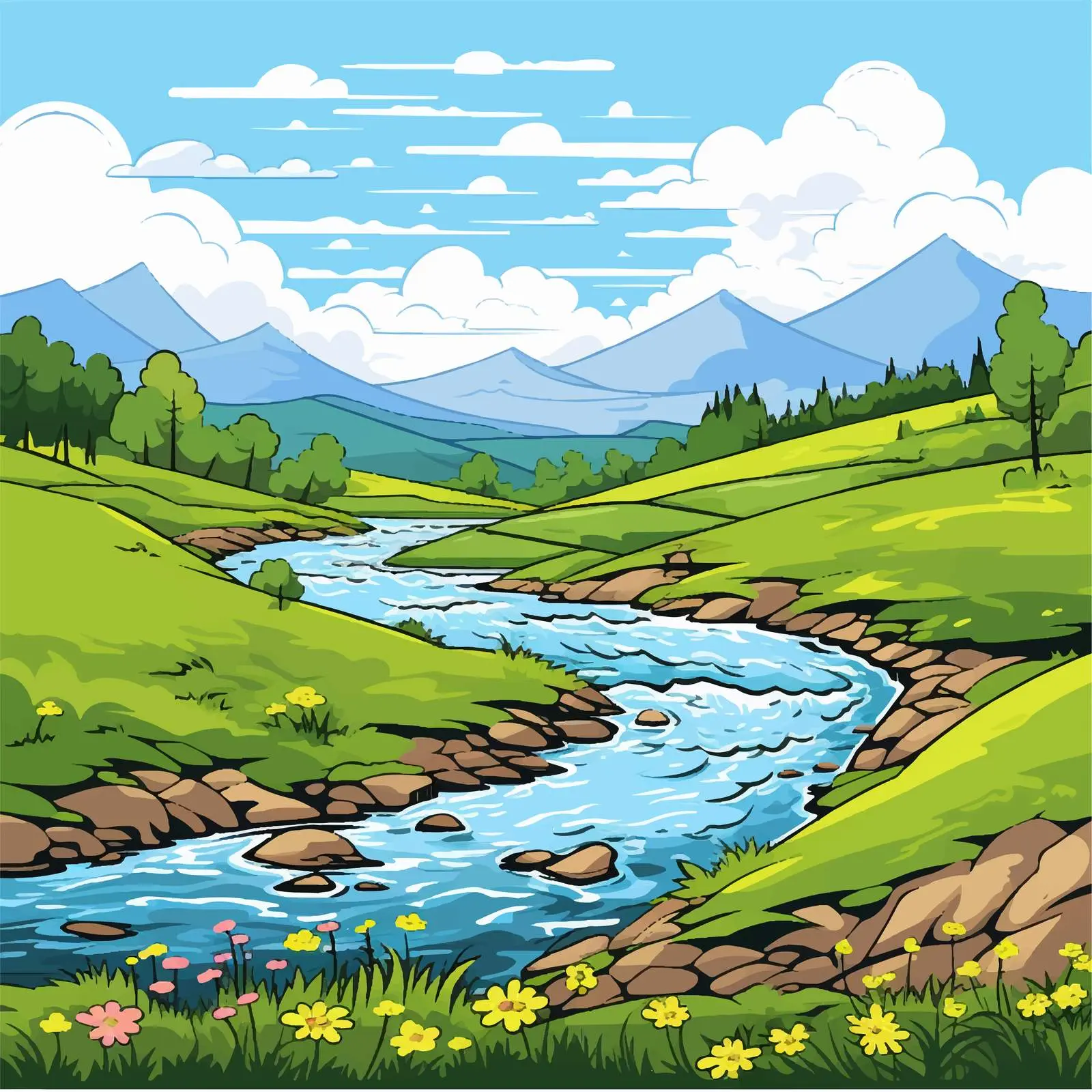 Cartoon River and Hills Vector Illustration — free download from Dotvec