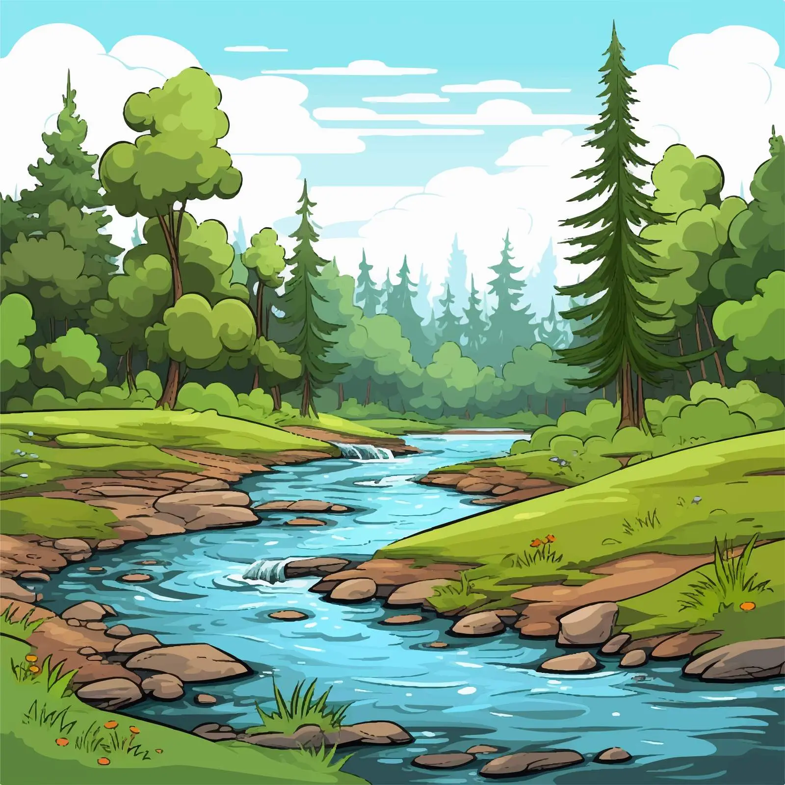 River Illustration in Forest Scene Vector Art — free download from Dotvec