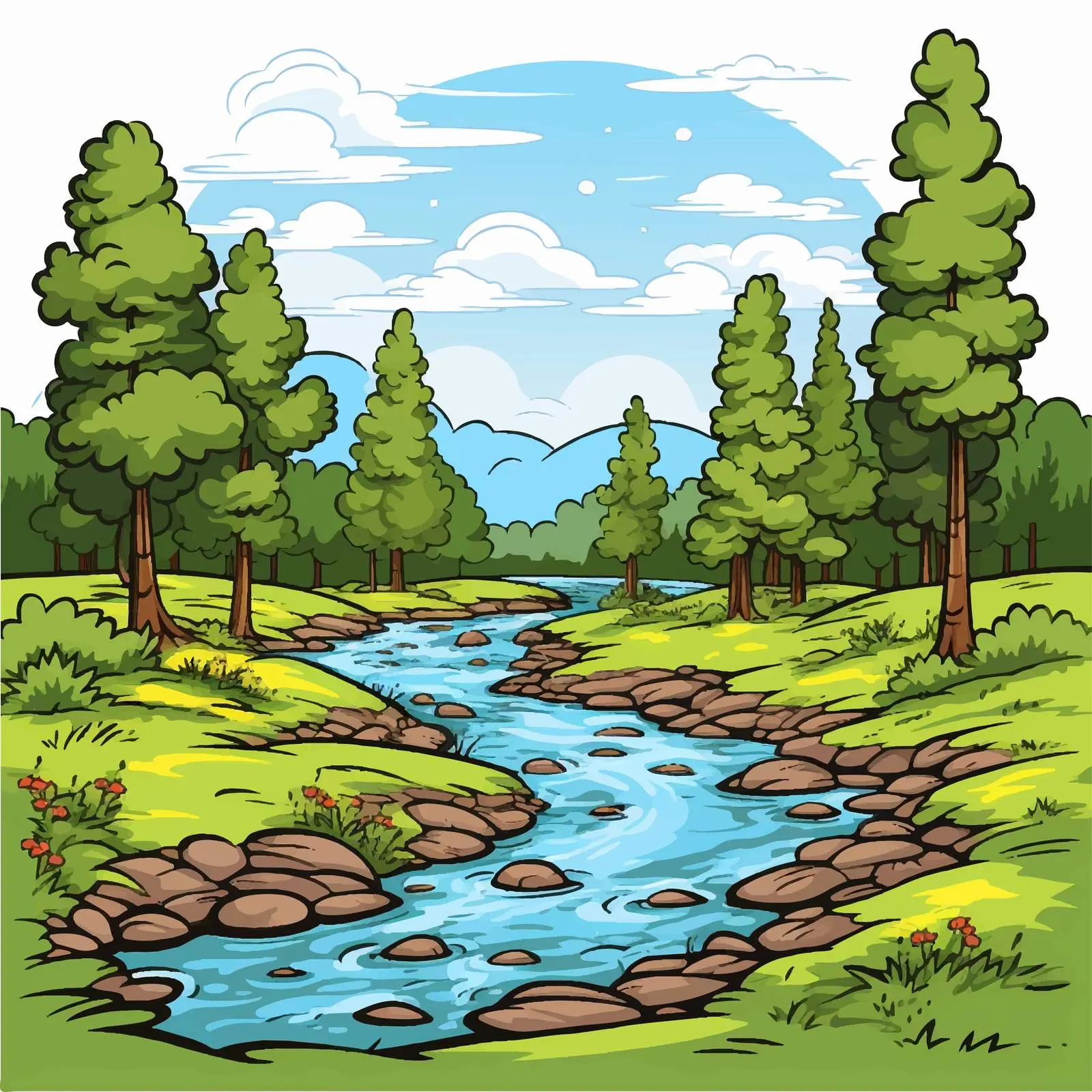River Running Through a Lush Forest Vector — free download from Dotvec