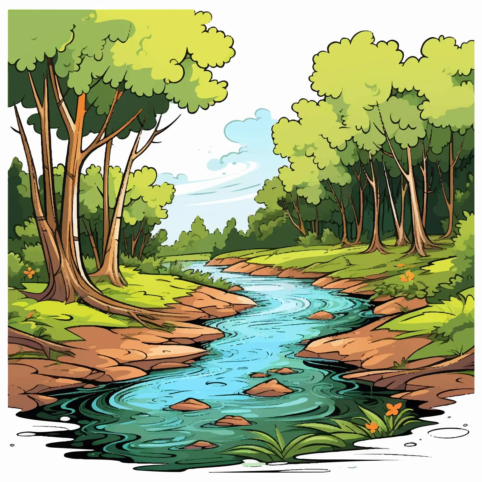 River Flowing Through Lush Forest Vector Illustration — free download from Dotvec