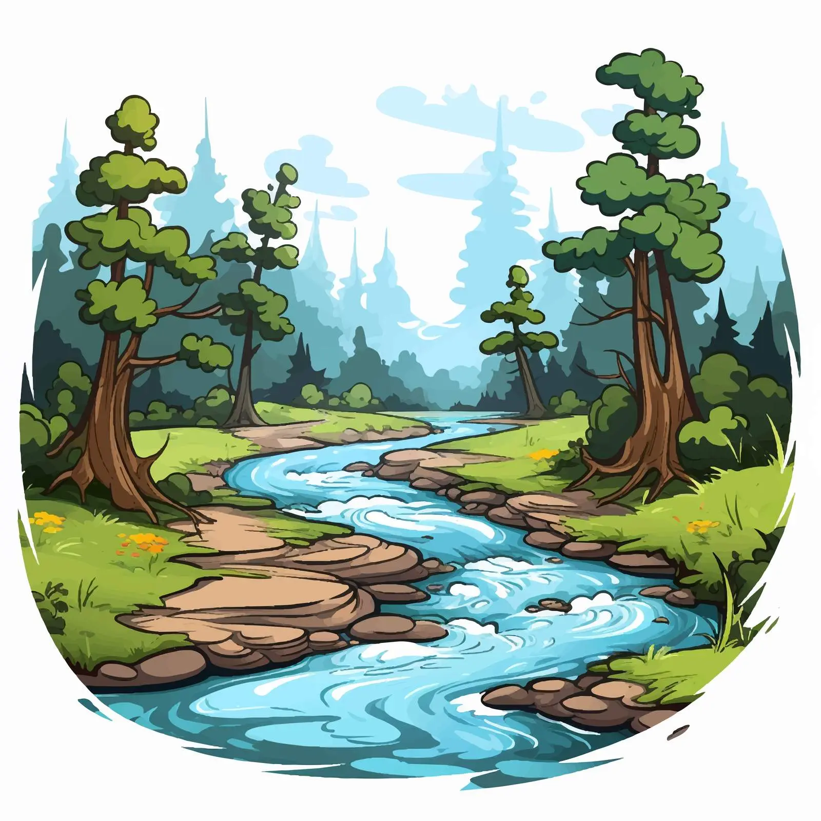 River Flowing Through Lush Forest Vector Art — free download from Dotvec