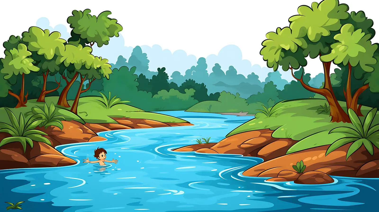 Serene River with Child Swimming Illustration — free download from Dotvec
