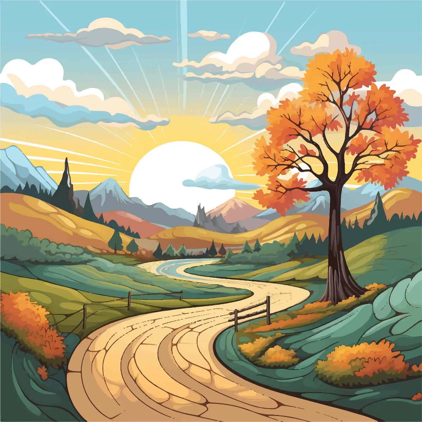 Beautiful Landscape with Road Vector Illustration — free download from Dotvec