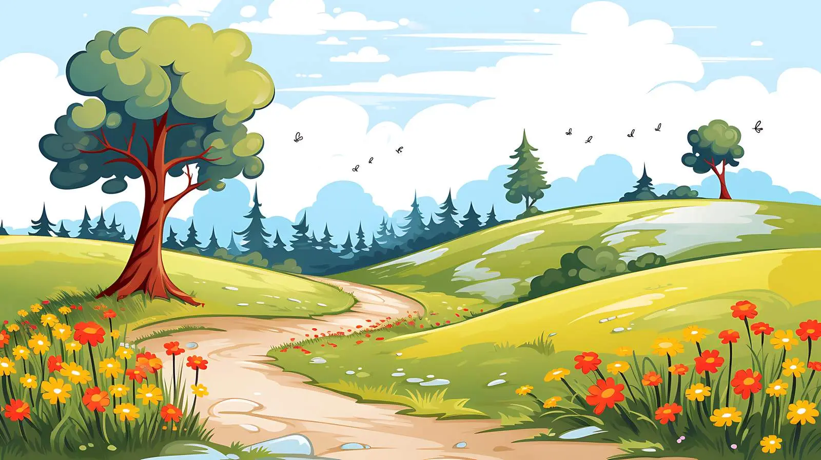 Scenic Hillside Road with Flowers Illustration — free download from Dotvec