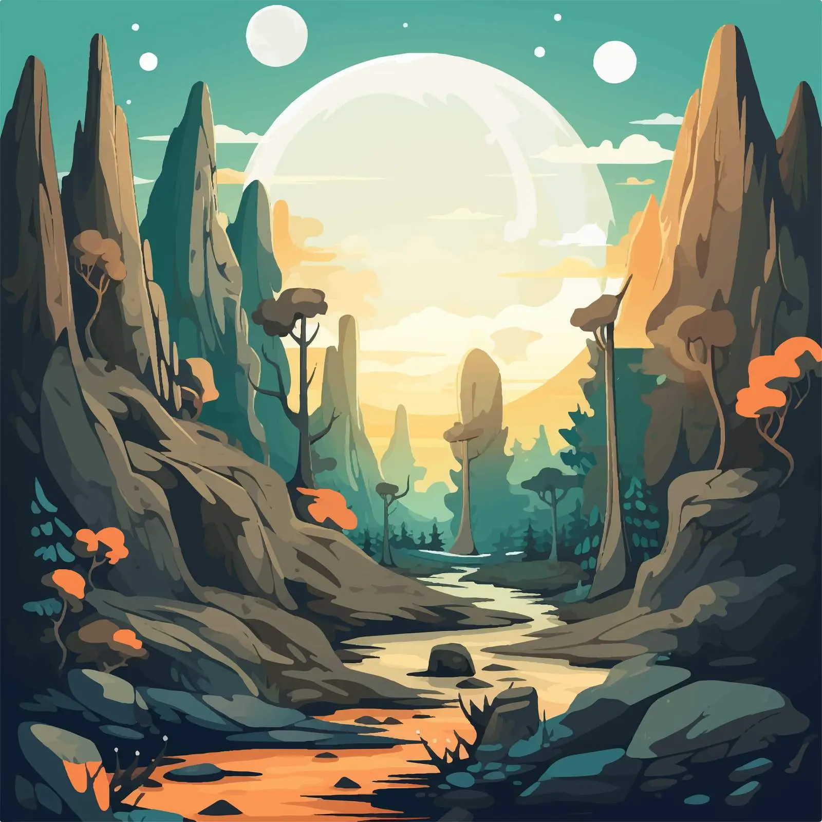 Rocky Forest Under Bright Full Moon Illustration — free download from Dotvec