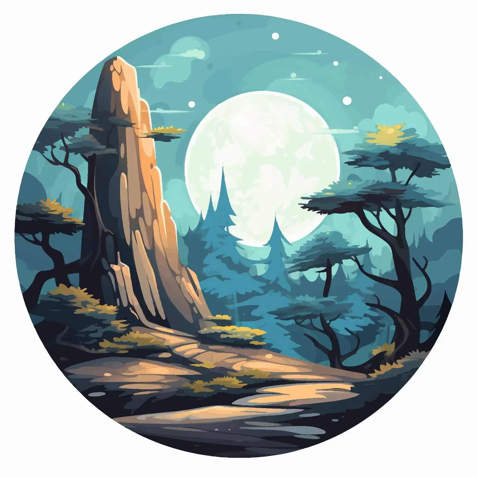 Rocky Forest Under Bright Full Moon Illustration — free download from Dotvec