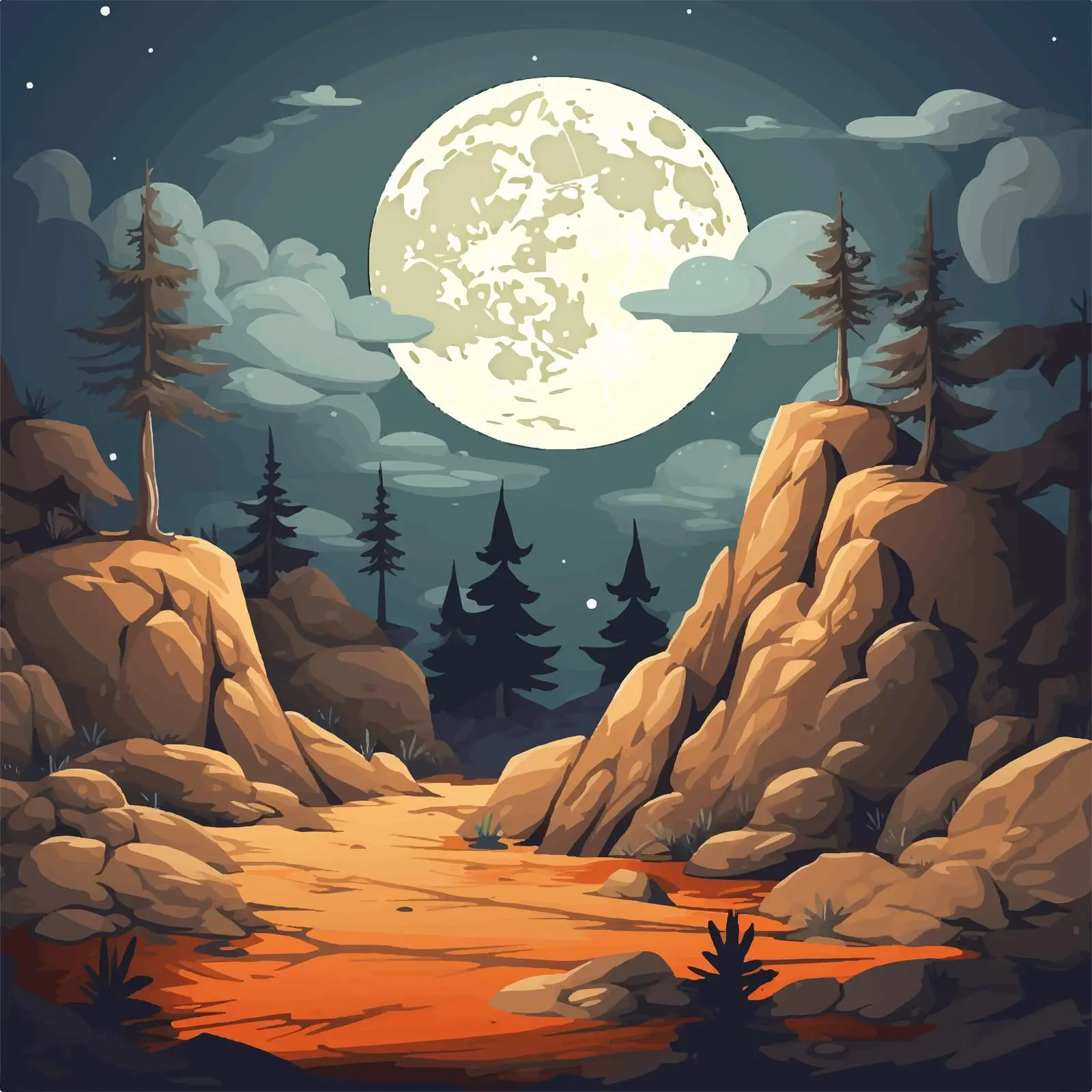 Rocky Forest Under Bright Full Moon Illustration — free download from Dotvec