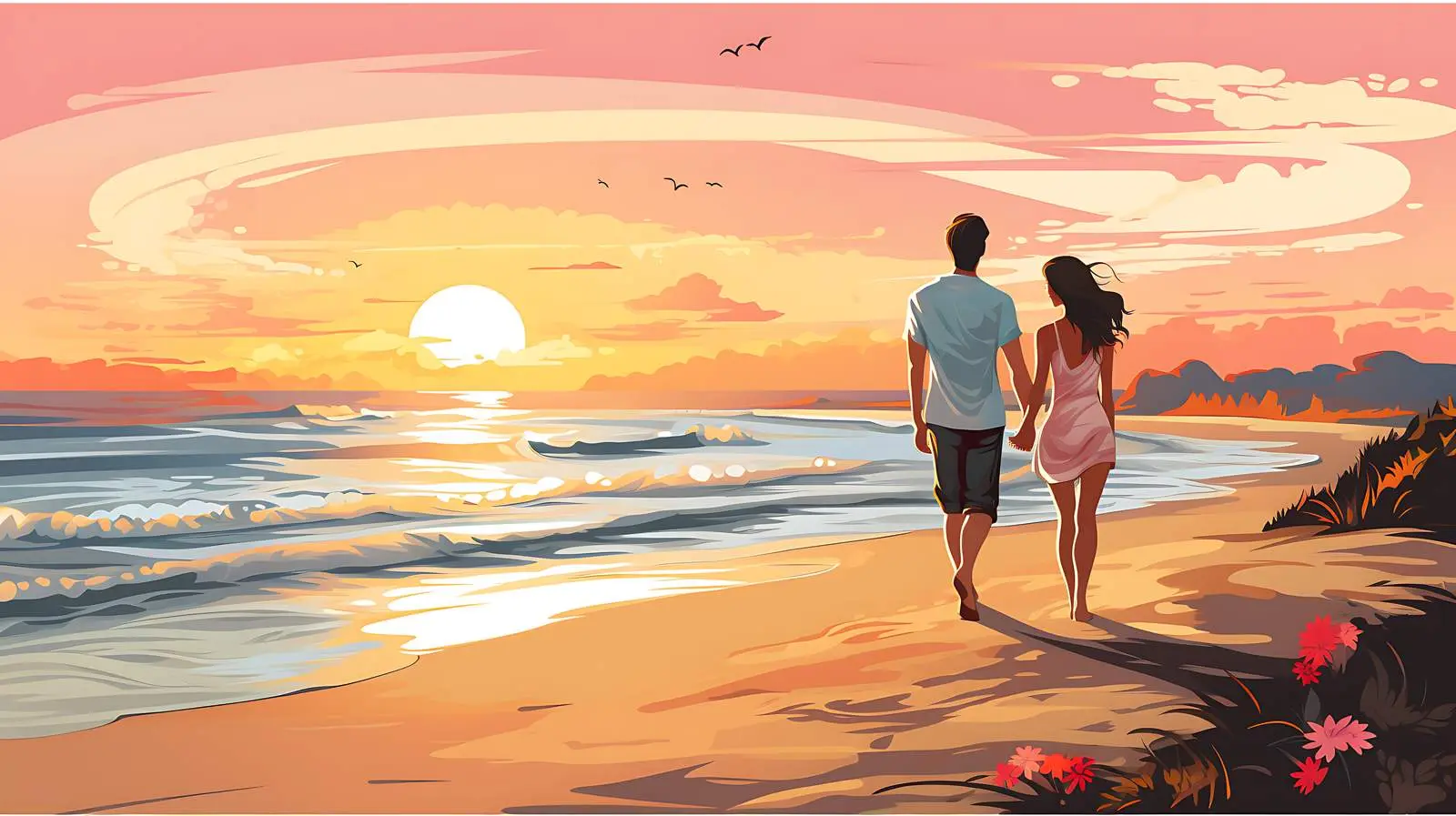 Romantic Beach Stroll Illustration — free download from Dotvec