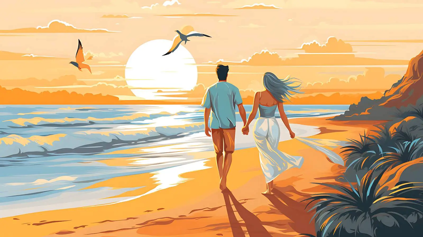 Romantic Beach Stroll Illustration — free download from Dotvec