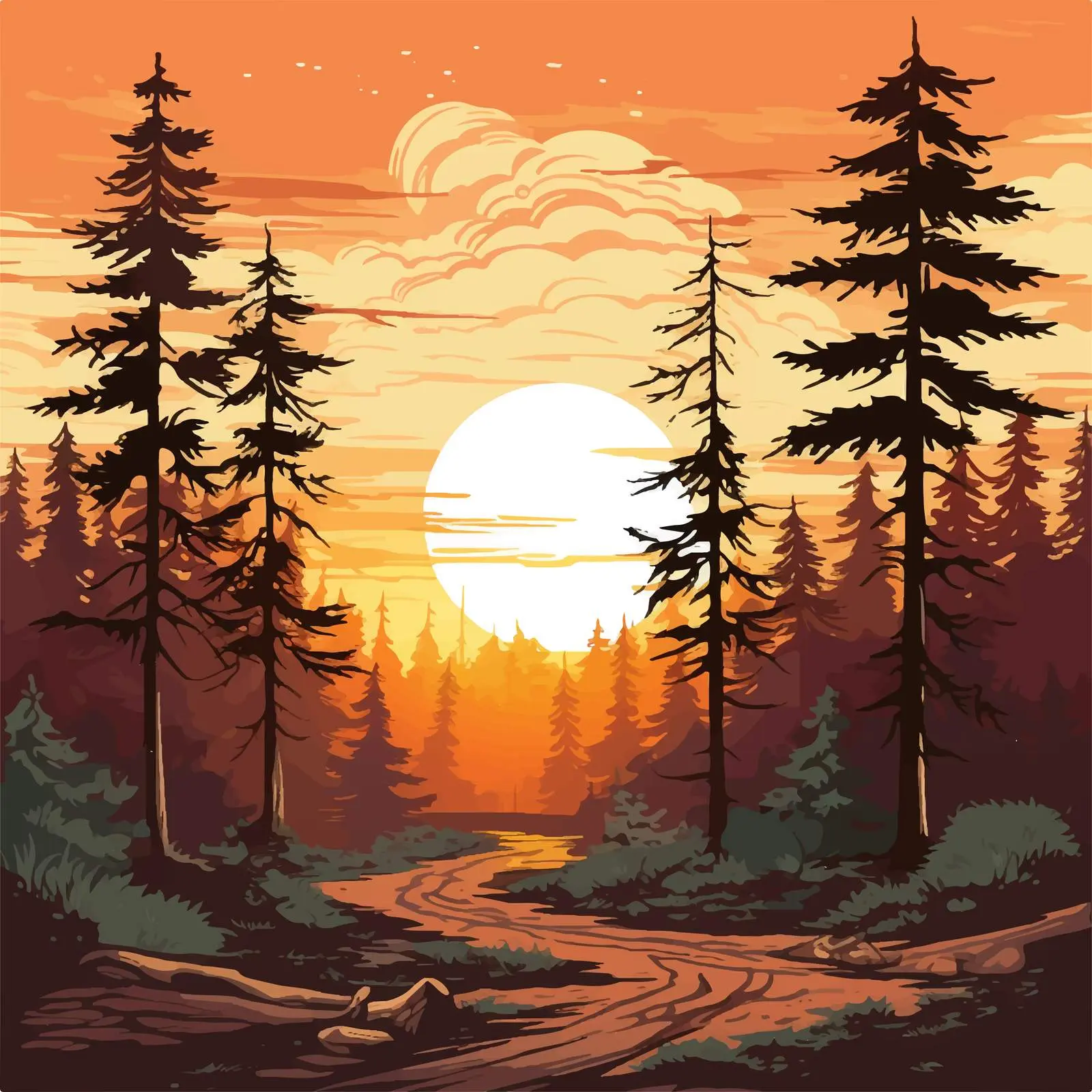 Sunset Forest Scene Vector Illustration – free dusk image from Dotvec
