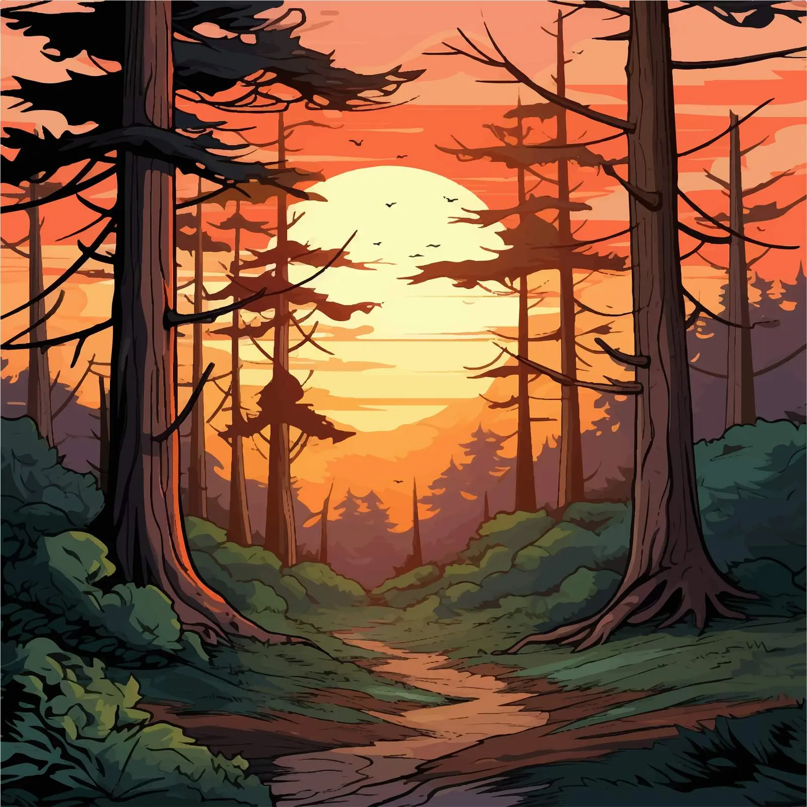 Forest Sunset Scene Vector Illustration — free download from Dotvec