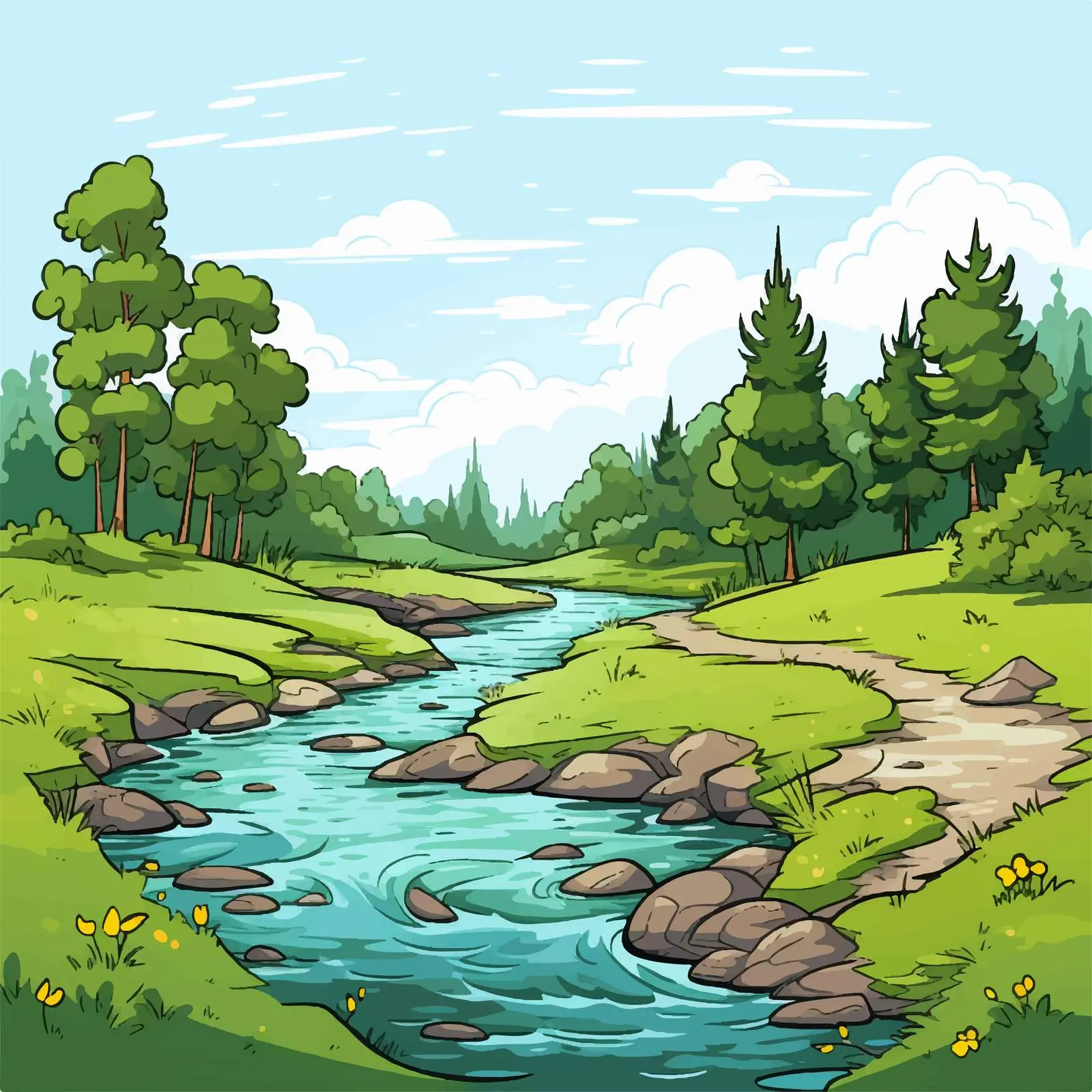 Cartoon Illustration of a Stream Scene — free download from Dotvec