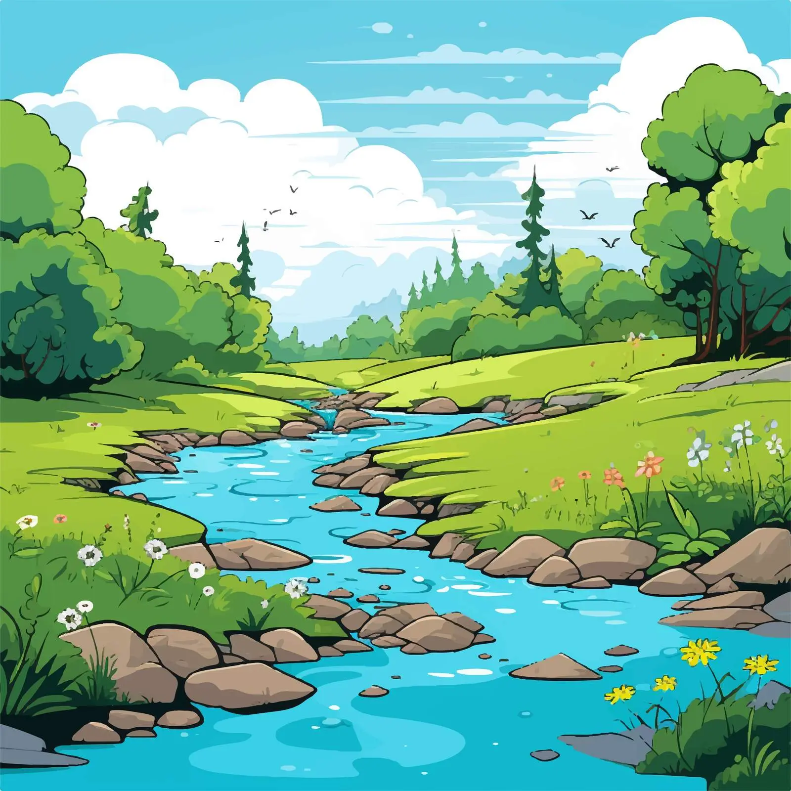 Cartoon Illustration of a Stream Scene — free download from Dotvec