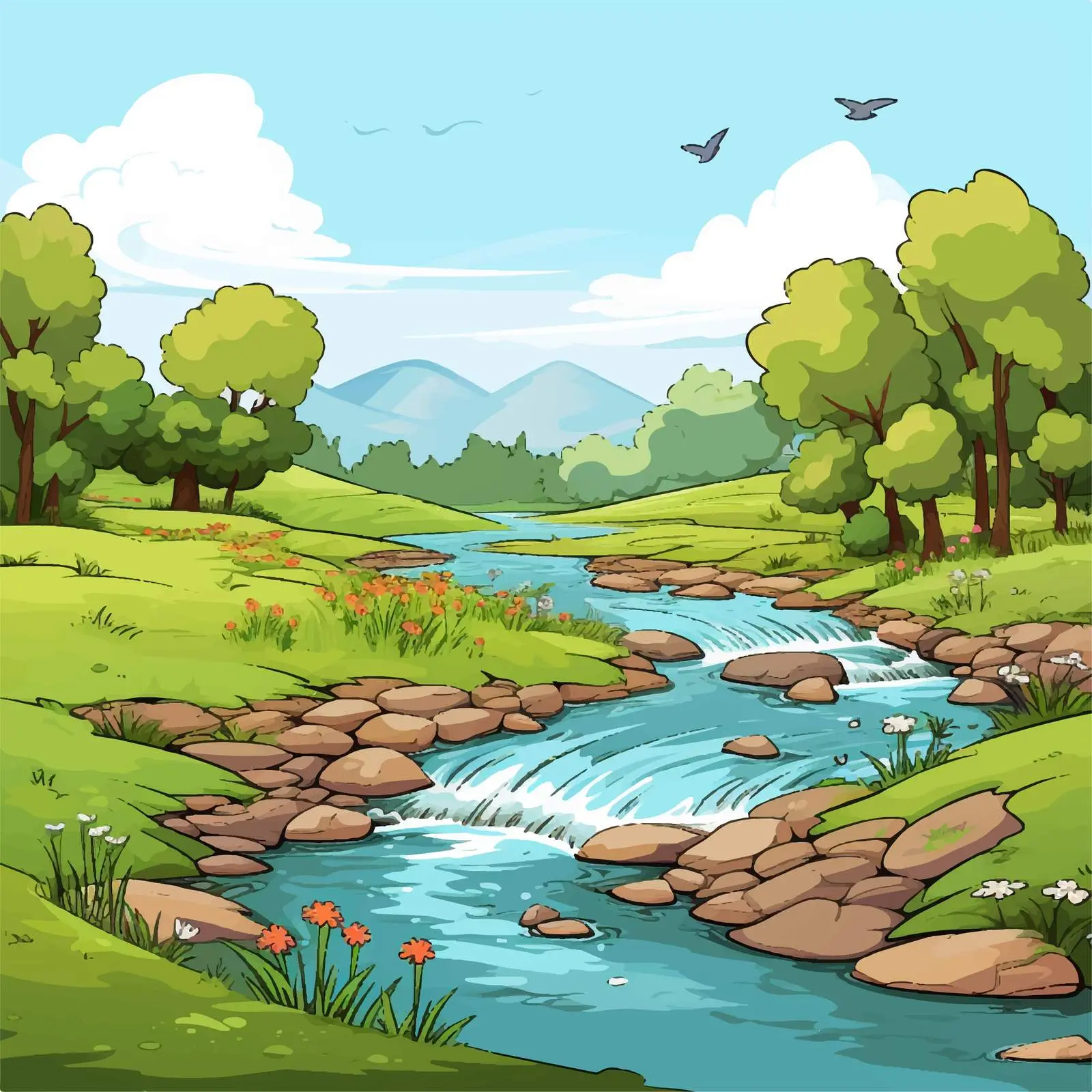 Cartoon Vector Illustration of a Stream Scene — free download from Dotvec